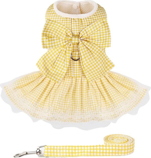 Dog Dress Plaid with Bowknot Cute Dress for Small Dog Cat Puppy Outfits with Harness Leash（ Pink，Medium ）