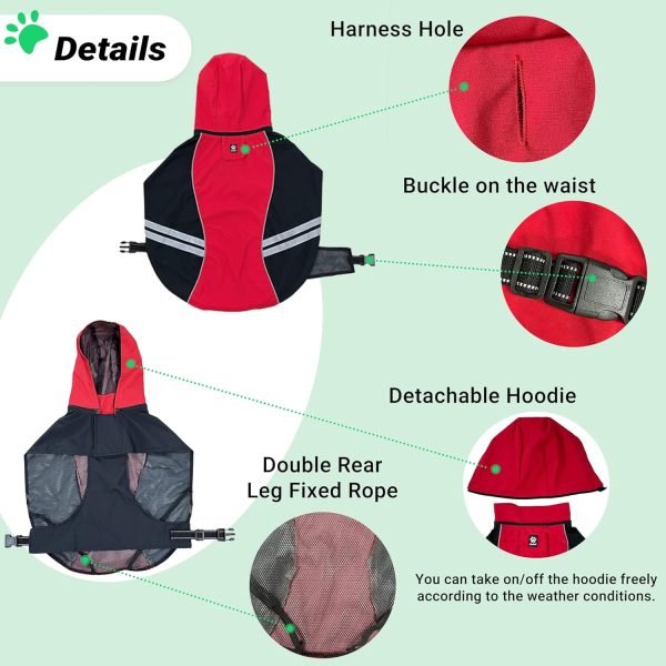 81p-VKuhDDL._AC_SL1500 Waterproof Dog Raincoats with Hood for Medium Large Dogs, Poncho with Reflective Strap, Lightweight Jacket with Leash Hole. Red
