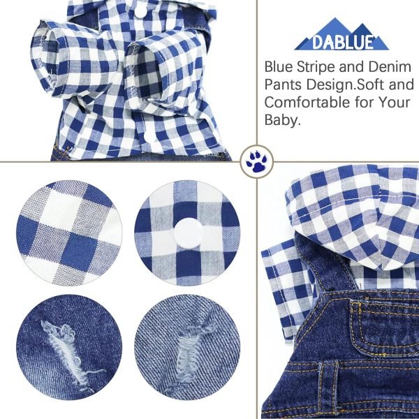 Pet Clothes Denim Dog Jeans Striped or Grid Jumpsuit Overall Hoodie Coat for Small Medium Puppy Cat Blue Plaid