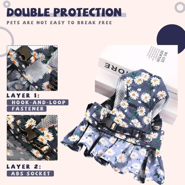 Dog Dress Bowknot Harness Leash Set for Small Dogs Cats Daisy Floral Girl Dog Dresses Cute Puppy Princess Clothes Pet Doggy Outfits Spring Summer Breathable Dresses(Small, Navy Blue)