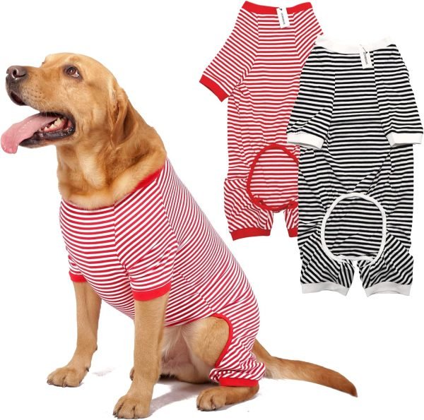Dog Pajamas Cotton Striped Pup Jumpsuit, Breathable 4 Legs Basic Pjs Shirts for Puppy and Cat, Super Soft Stretchable Dog Jammies for Boys and Girls (Small, Pink+Green)