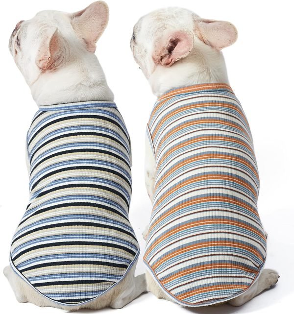 91fjzmmNVkL._AC_SL1500 Dog Shirts Cotton Striped T-Shirt, Summer Pet Clothes for Small Dogs, 2-Pack Soft Puppy Apparel Cat Tee, Breathable Stretchy, Blue Yellow XL
