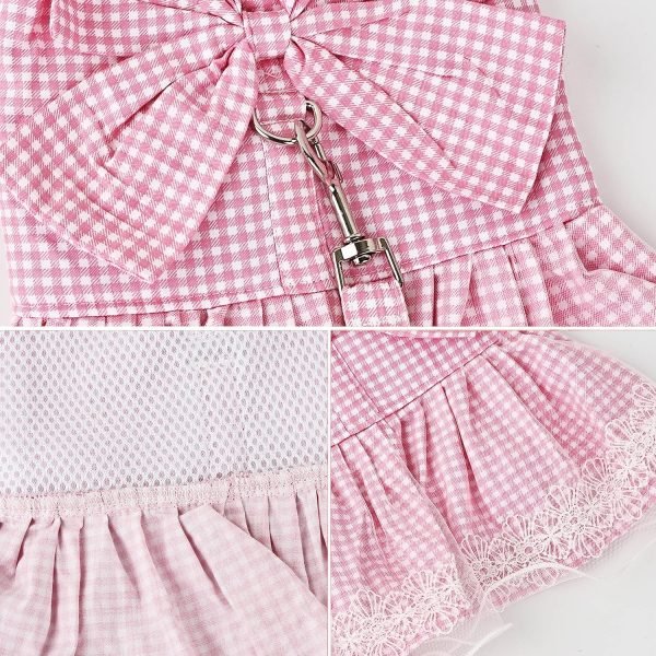 Dog Dress Plaid with Bowknot Cute Dress for Small Dog Cat Puppy Outfits with Harness Leash（ Pink，Medium ）